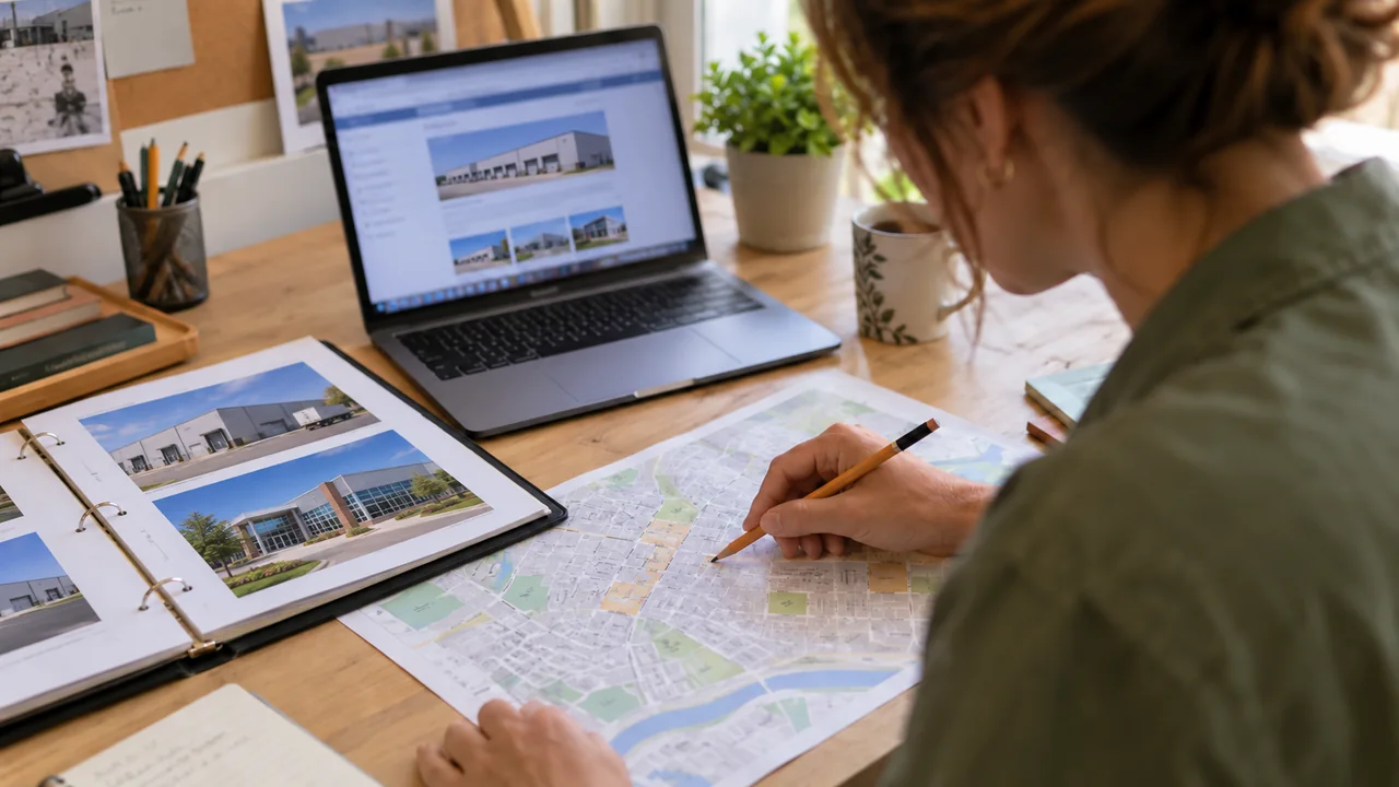 A person compares a street map with photographs of industrial and training buildings beside a laptop.