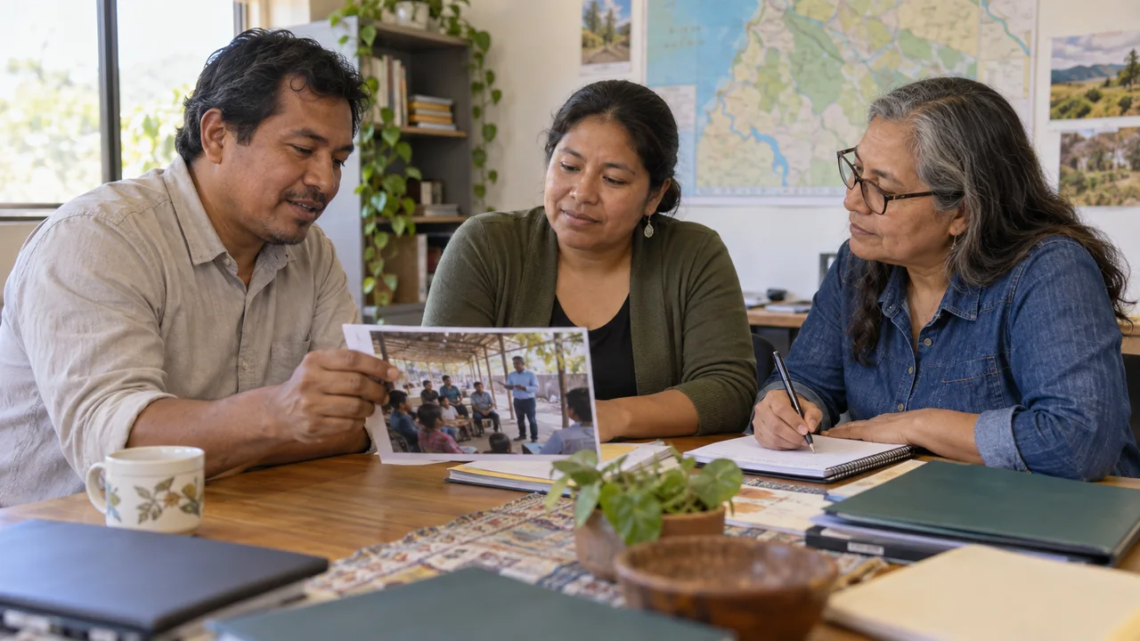 Three people review a printed training photograph and take notes at a meeting table.