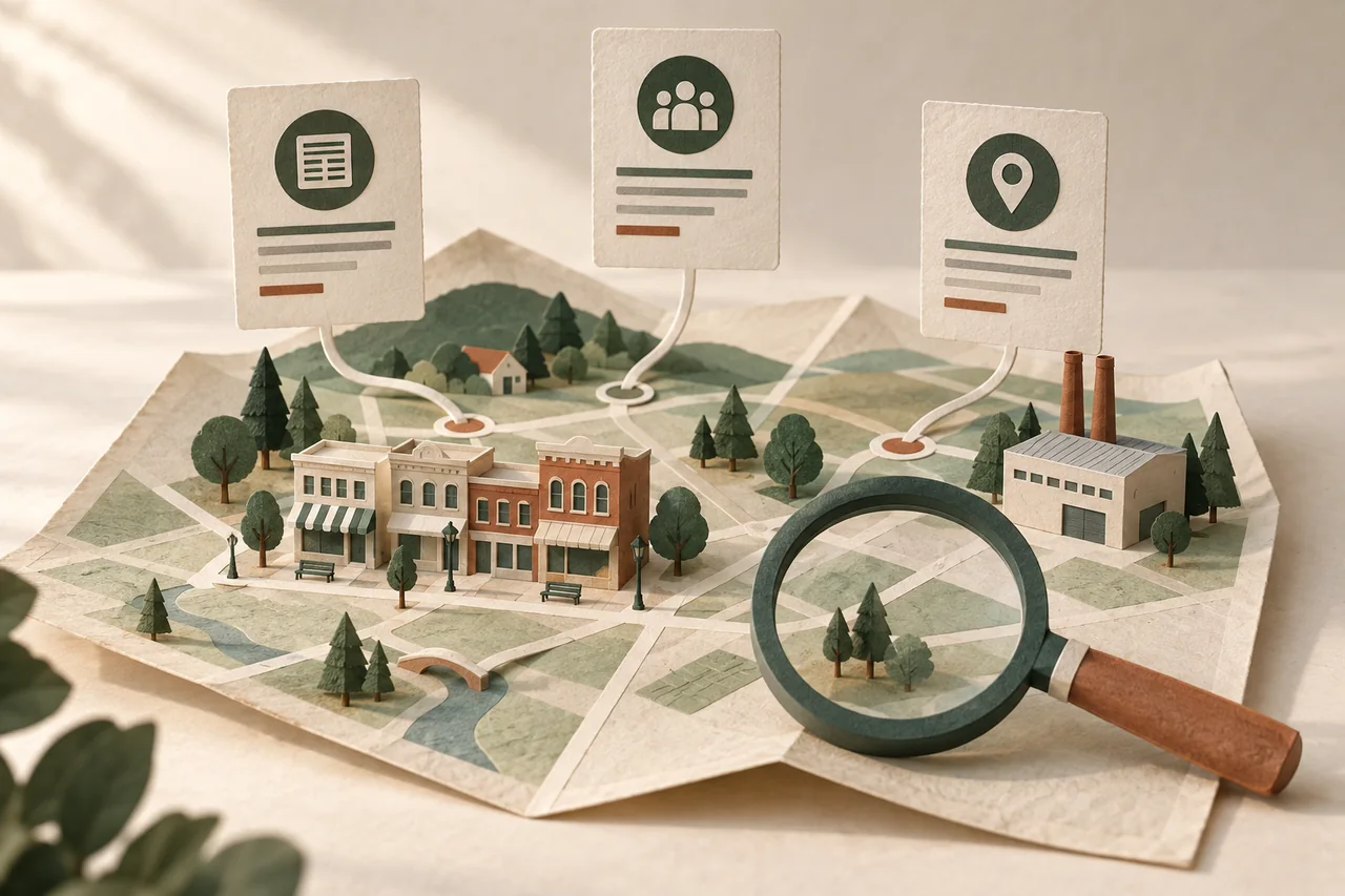 Paper illustration of a community map connected to information cards beside a magnifying glass.