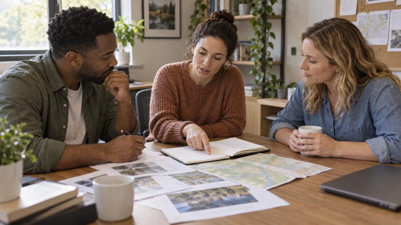 Three colleagues discuss information pages and a map while taking notes.