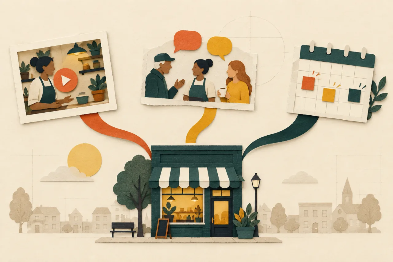 Paper illustration of one local business story connecting to video, conversation, and a publishing calendar.