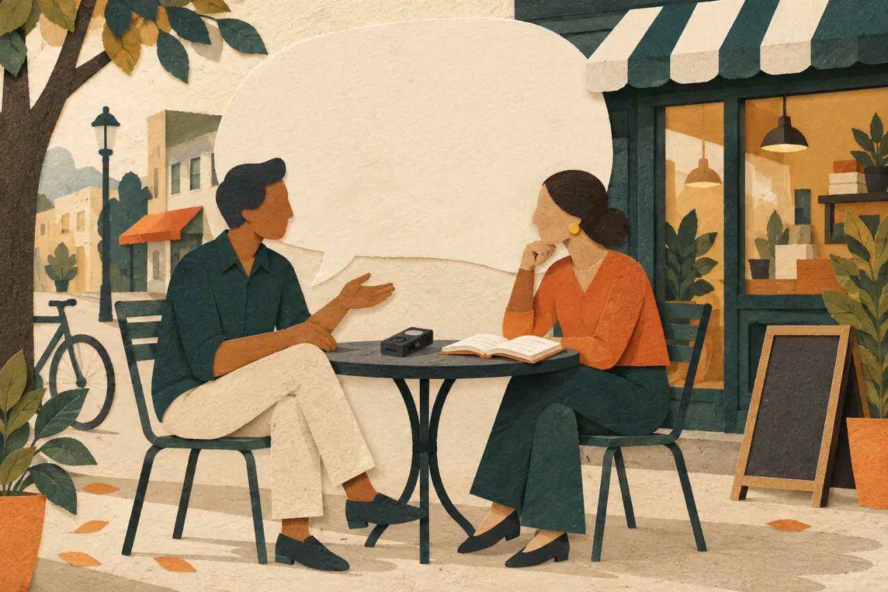 Paper illustration of two people discussing a business story at a cafe table with a notebook and recorder.