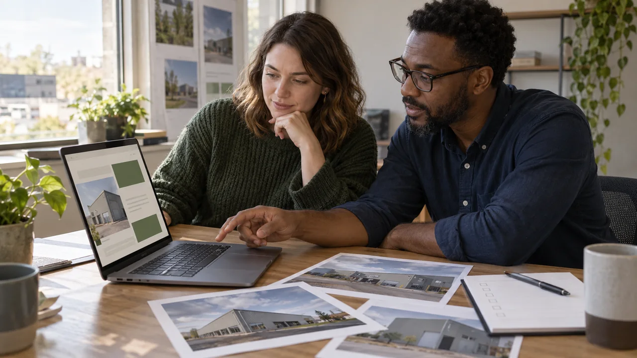 Two colleagues review an industrial property webpage with photographs and a checklist.