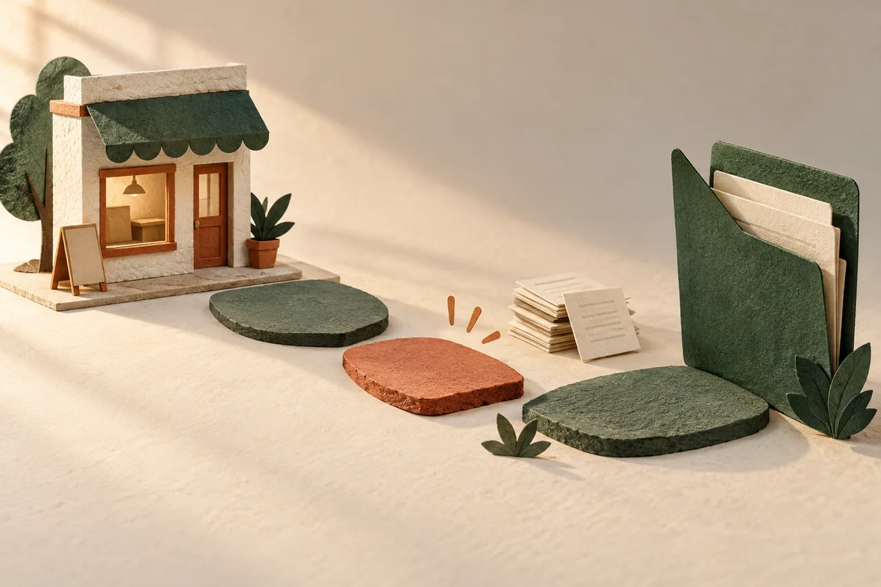 Paper illustration of a storefront, an open folder and stepping stones with a gap beside application papers.