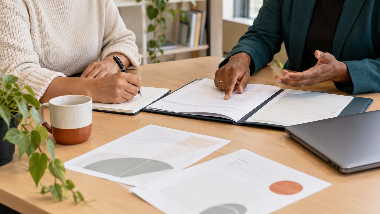 An adviser points to a document while a business owner takes notes at a shared desk.