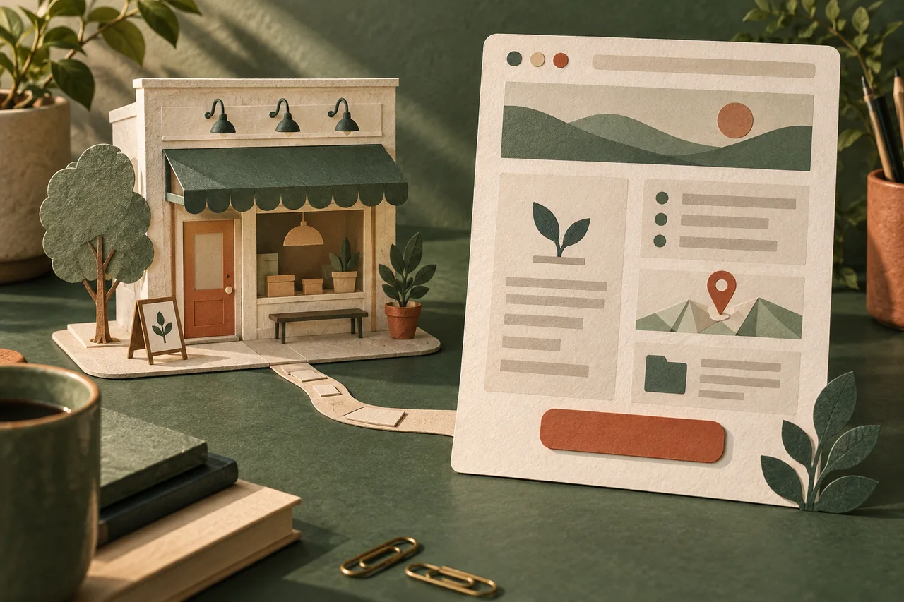 Paper illustration of a storefront connected to a webpage with a map, information blocks and an application button.