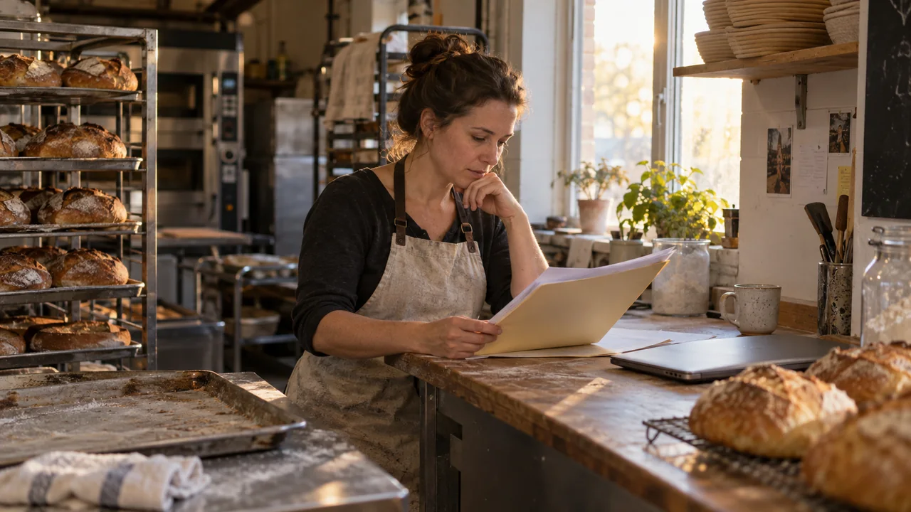 A bakery owner reviews papers in a folder at a counter beside a closed laptop.