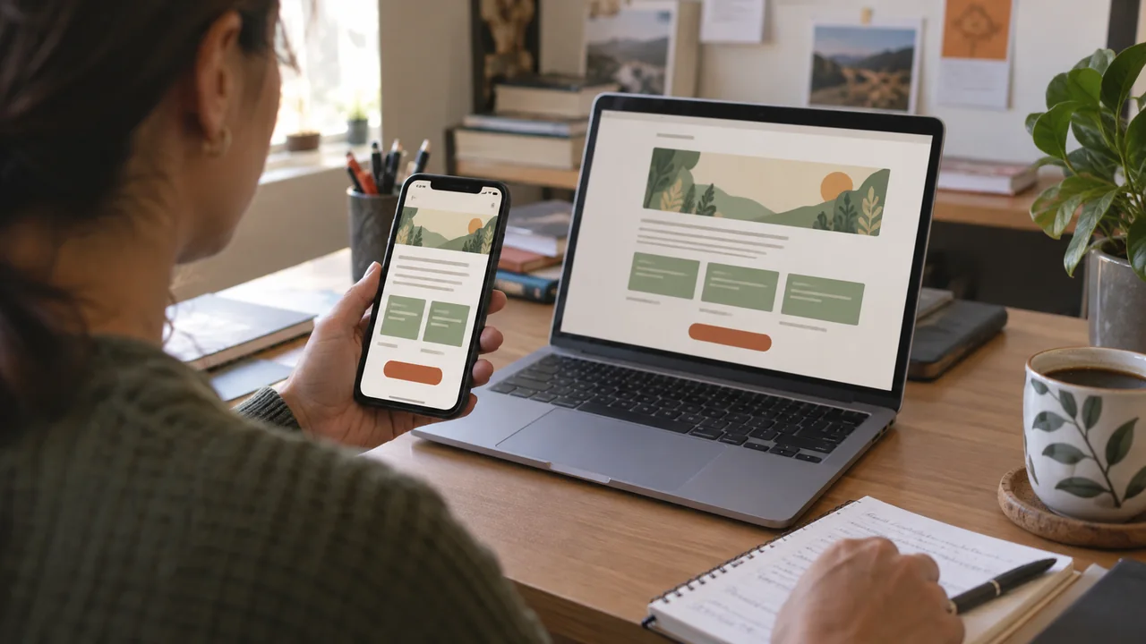 A person compares a webpage on a smartphone and laptop beside a notebook.