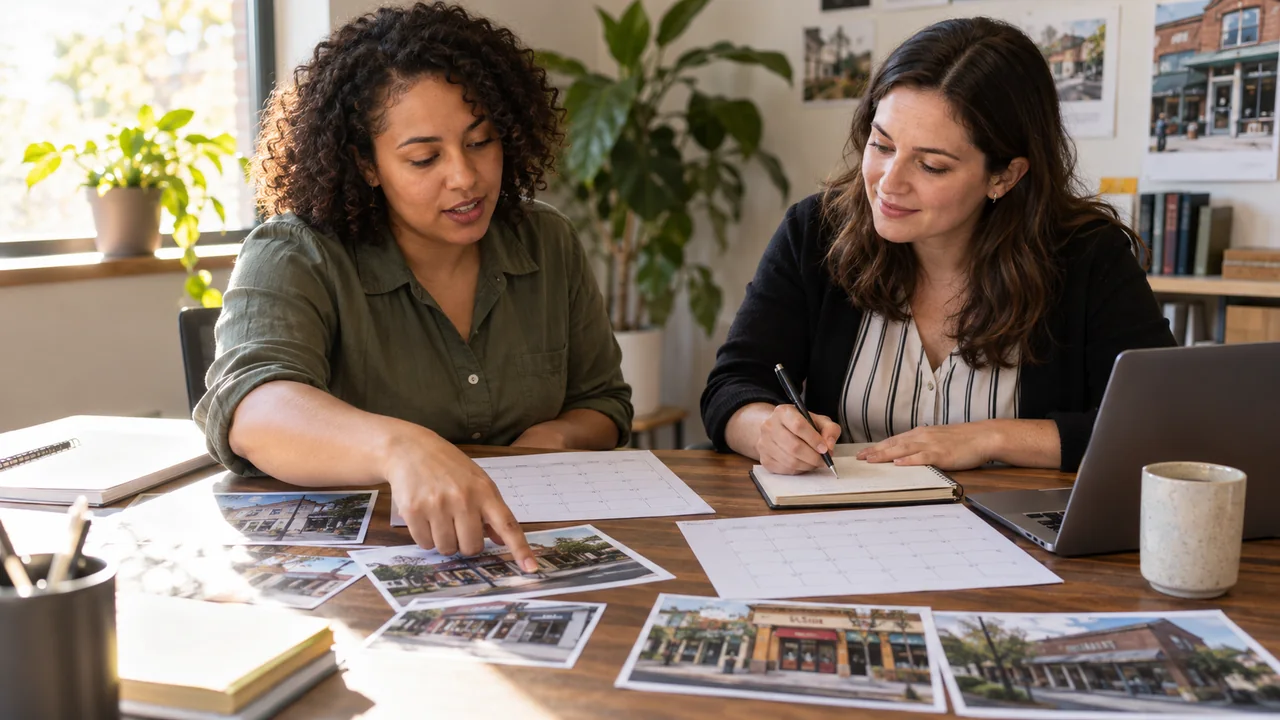 Two communications workers arrange storefront photographs and calendar sheets at a table.