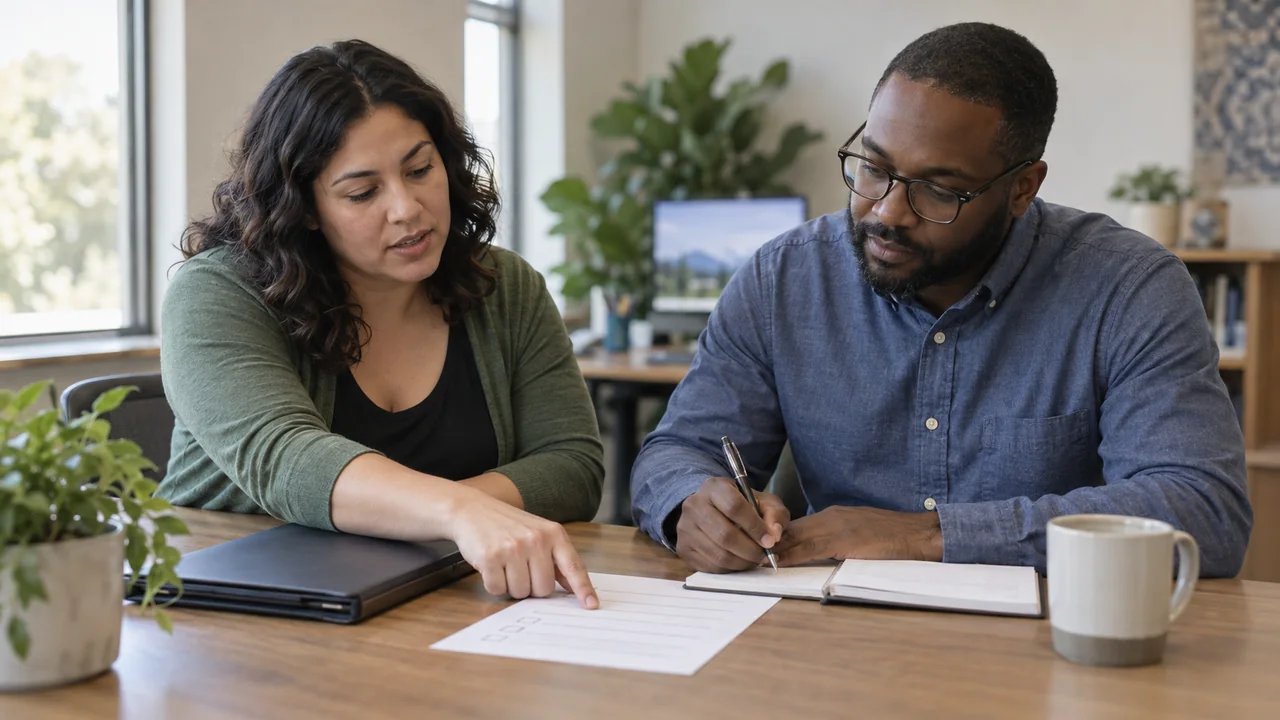 Two people review a checklist and take notes at an office table.