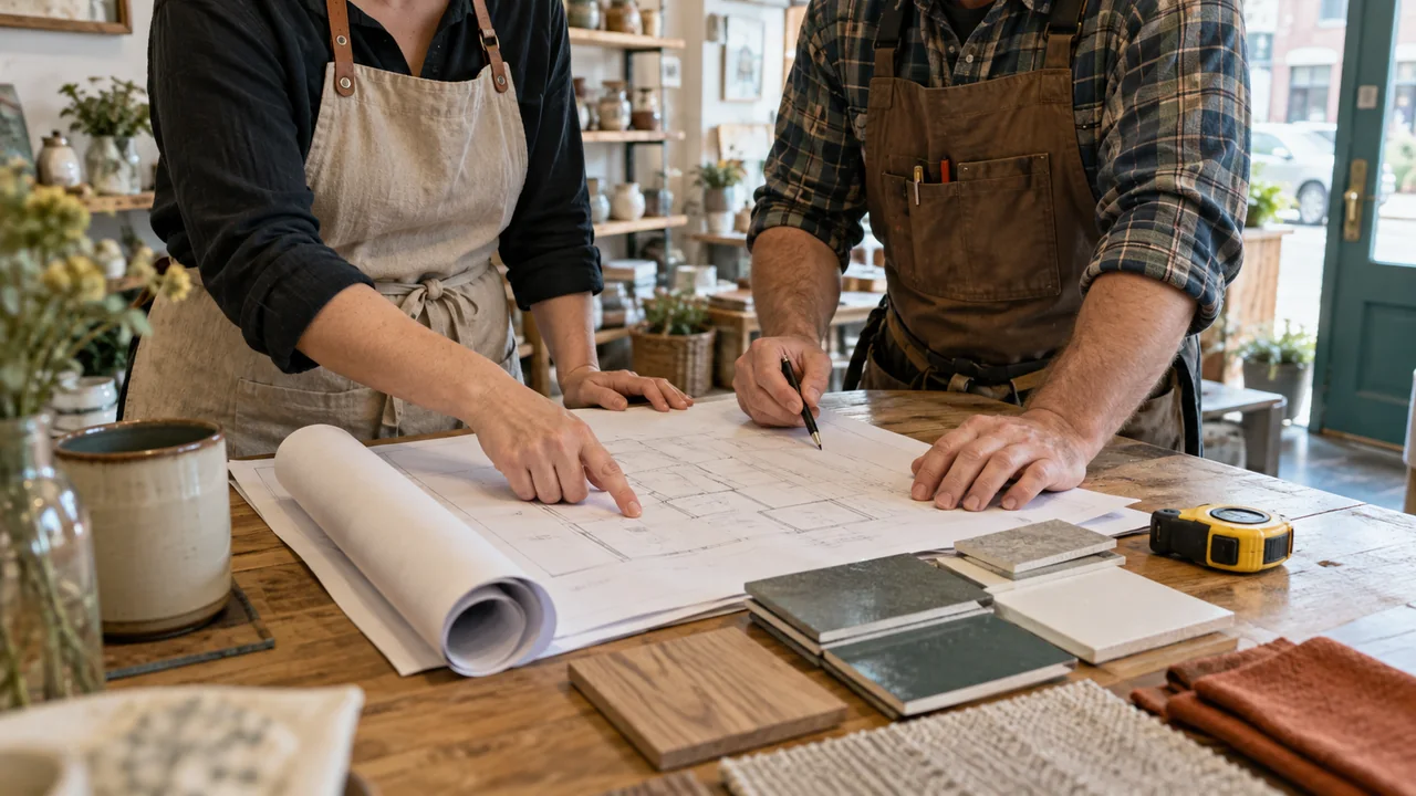 Two people review an interior renovation plan with material samples and a tape measure on a shop counter.