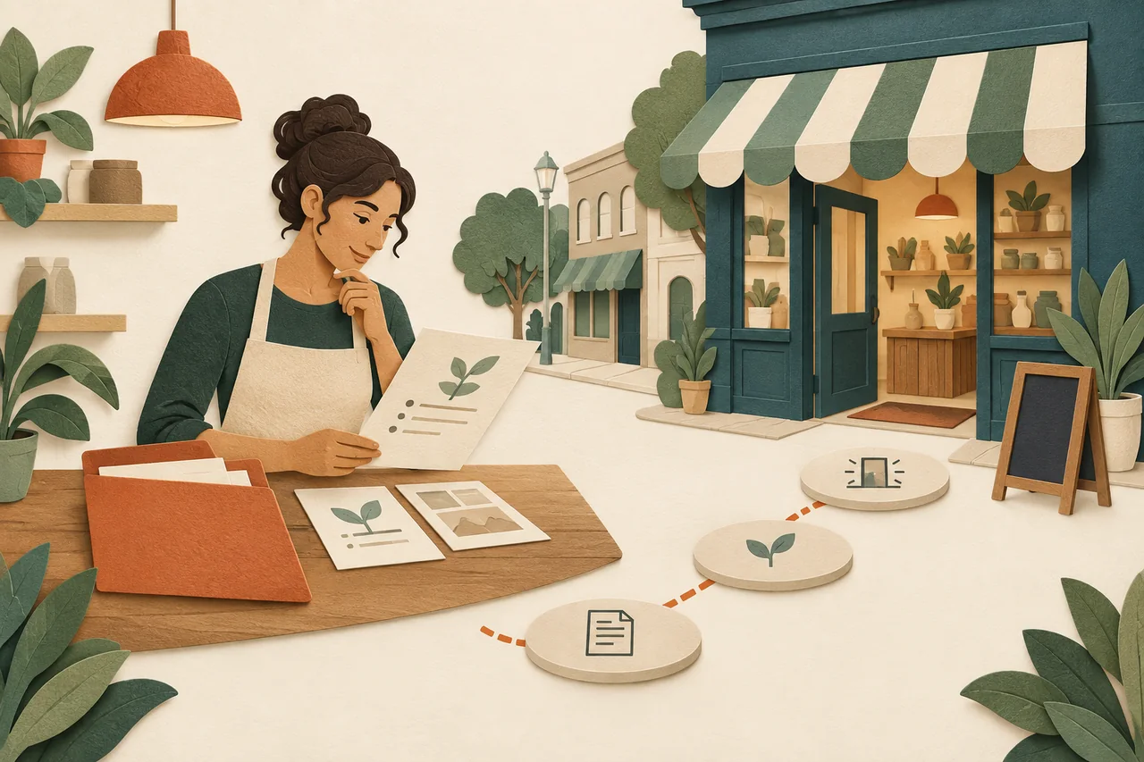 Paper illustration of a shop owner reviewing a project folder beside a storefront and a short path of application steps.