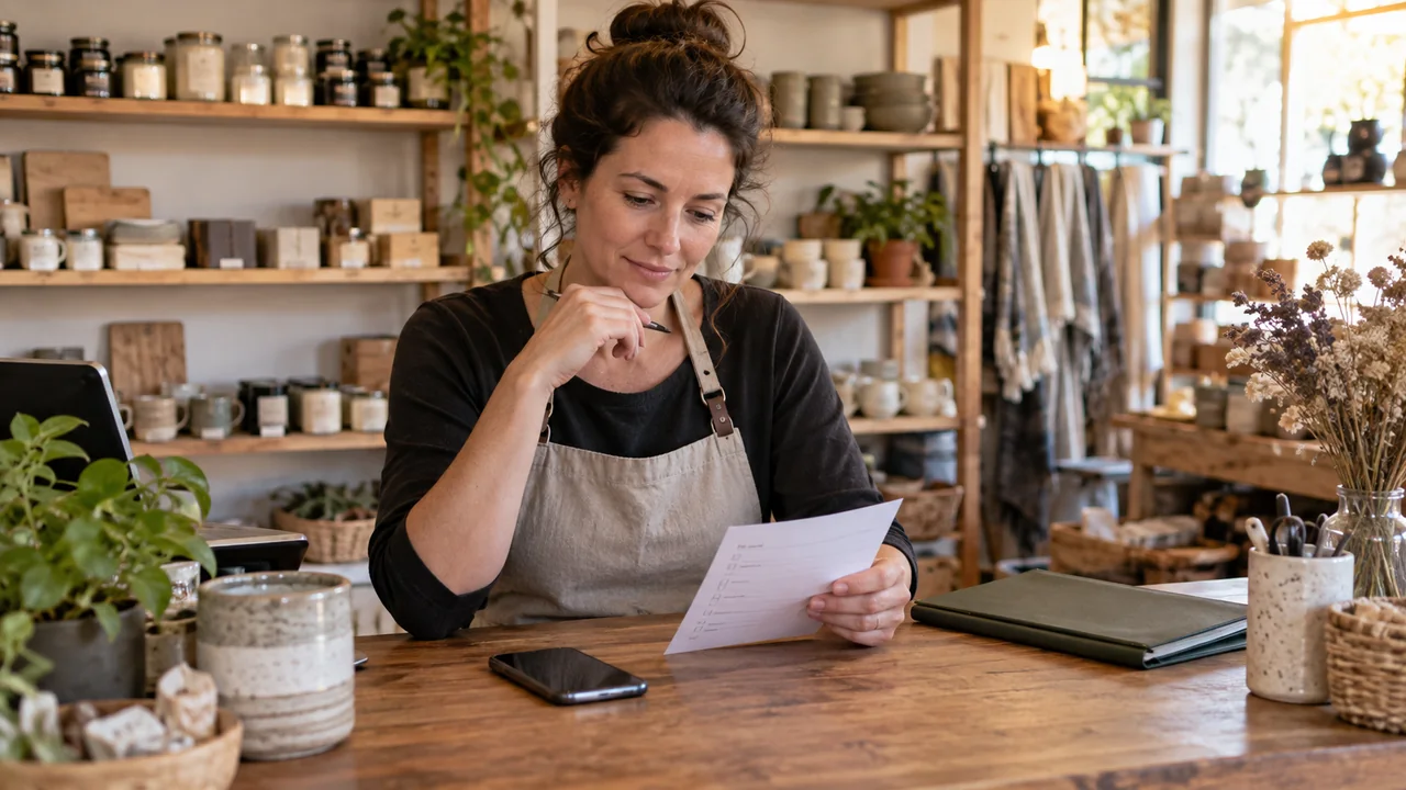 A shop owner reviews a checklist beside a smartphone and project folder.
