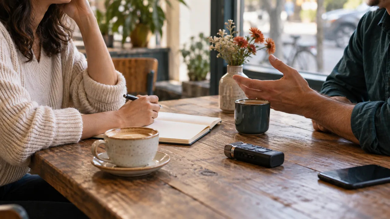 A business conversation over coffee with a notebook and small audio recorder.