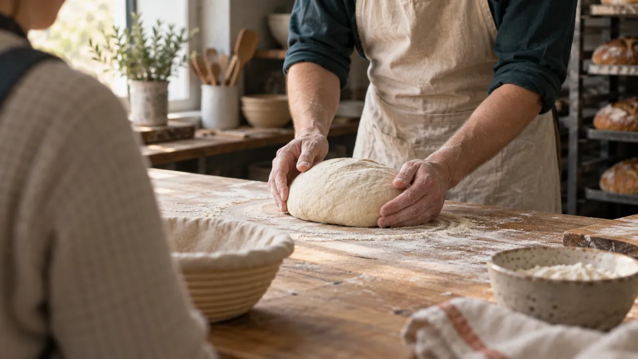 A baker demonstrates shaping dough while another person observes.
