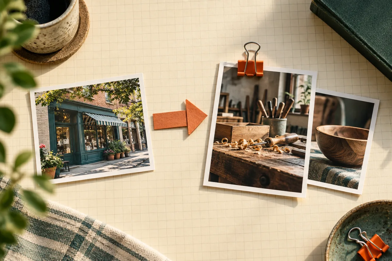 Local-story photo cards connected by a folded paper arrow.