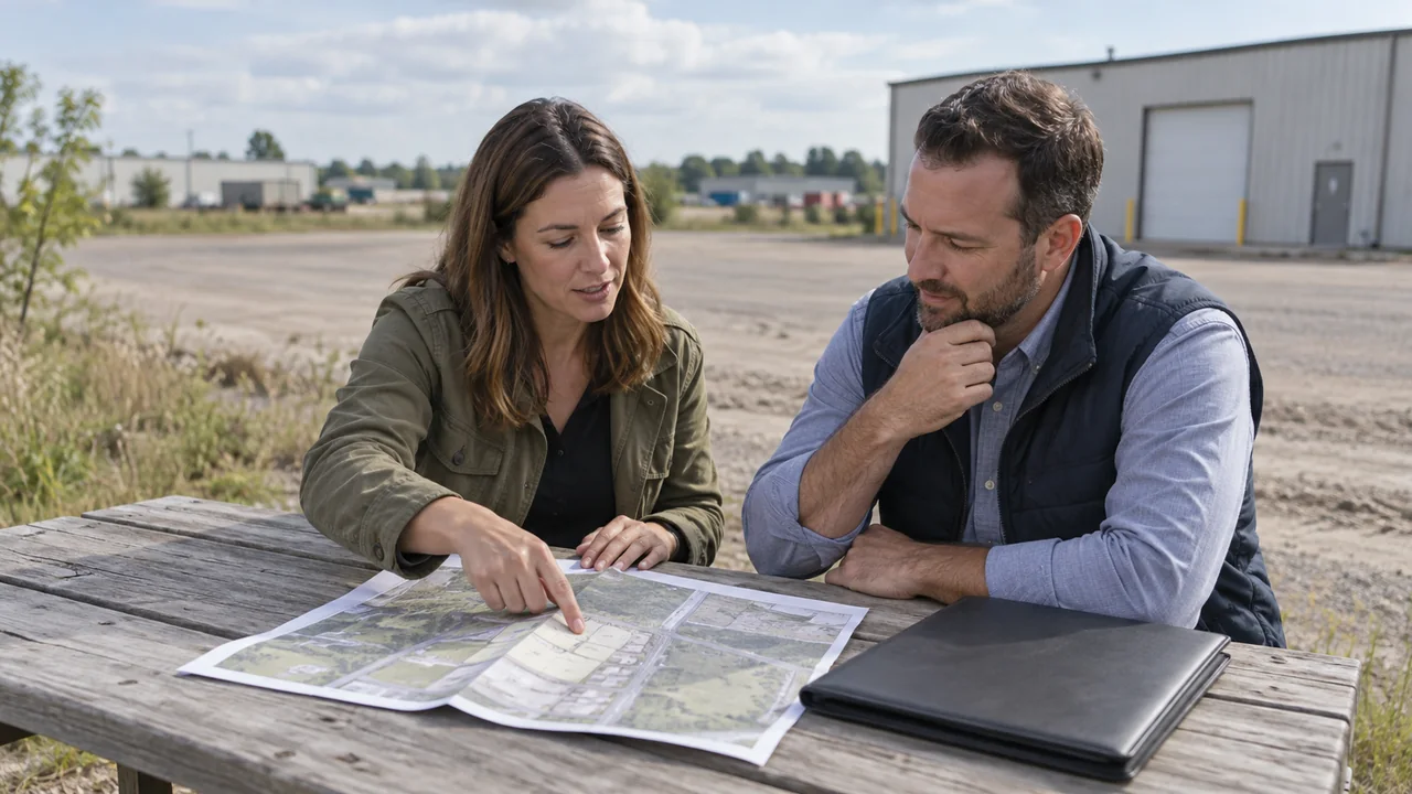 Two people review a parcel map and folder beside an industrial property.