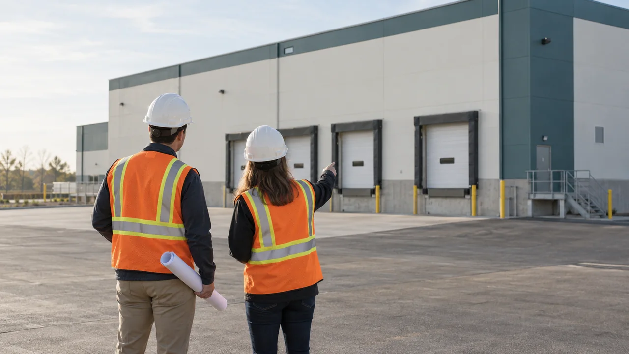 Two people in safety vests and hard hats review an industrial building from its paved loading area.