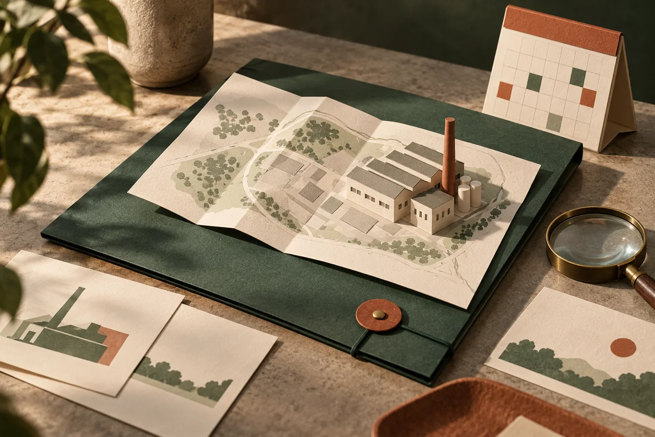 Paper industrial building and parcel map on a folder beside document cards, a calendar and magnifying glass.