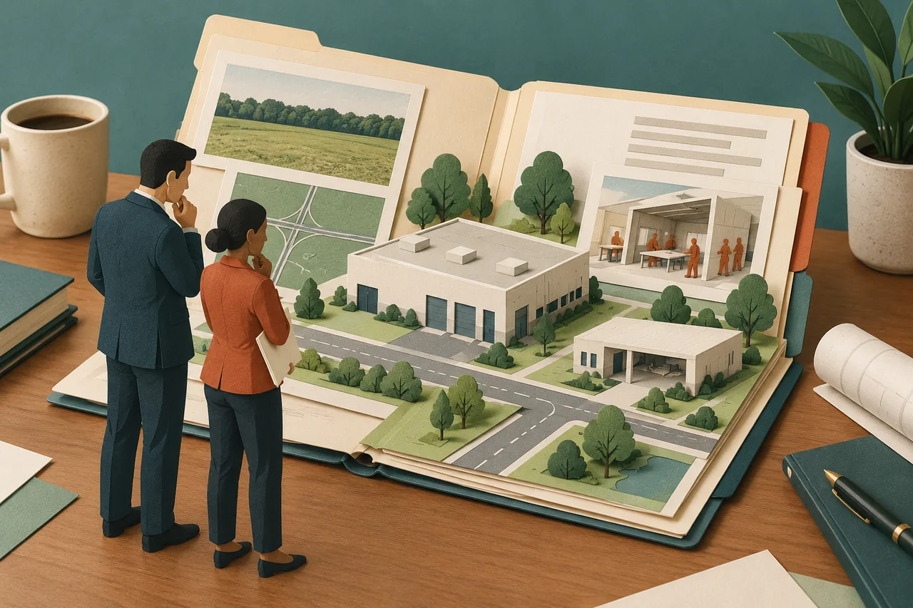 Paper illustration of two people examining an open project folder with a model industrial building, roads and a training workshop.
