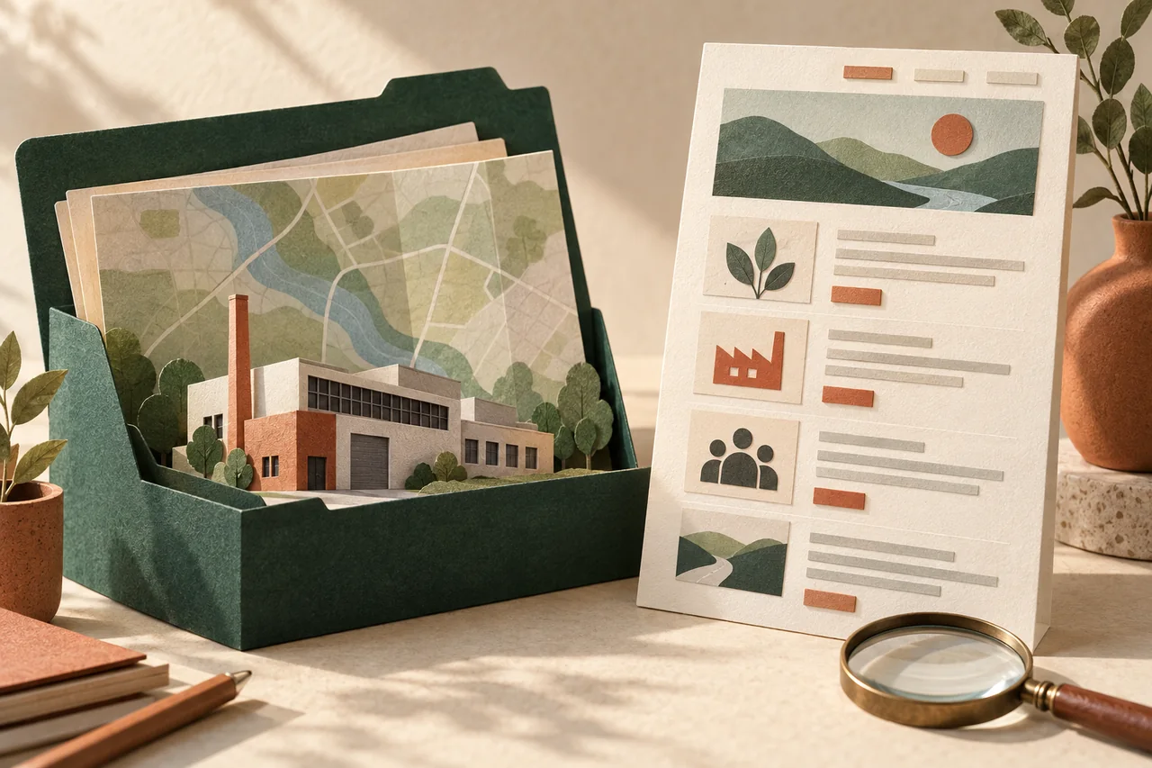 Paper industrial building and map in a folder beside a website information card and magnifying glass.