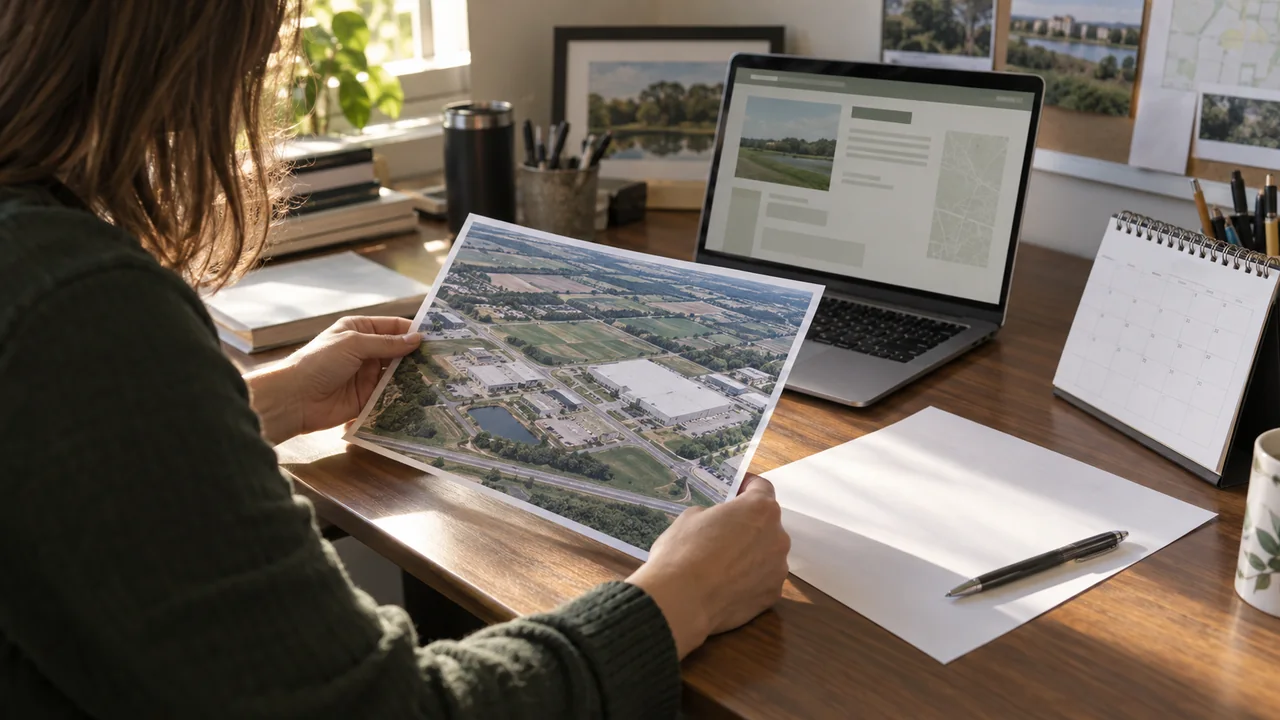 A worker reviews an aerial photograph and information sheet beside a laptop.