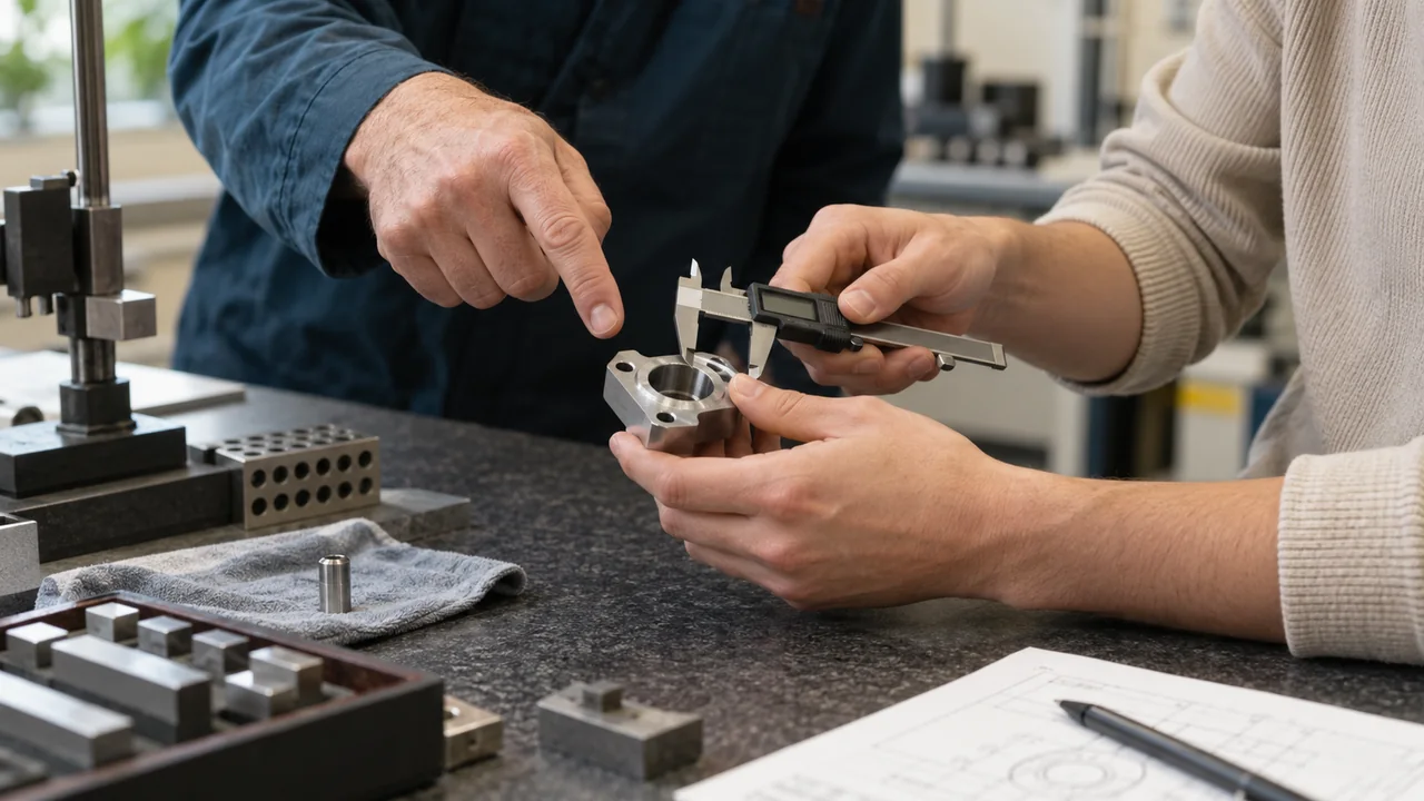 Two people discuss a machined metal part and a digital caliper at a training workbench.