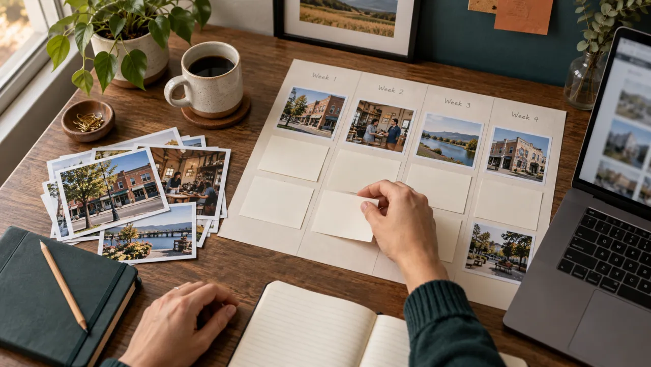 A marketer arranges story ideas and local-business photo prints beside a calendar.