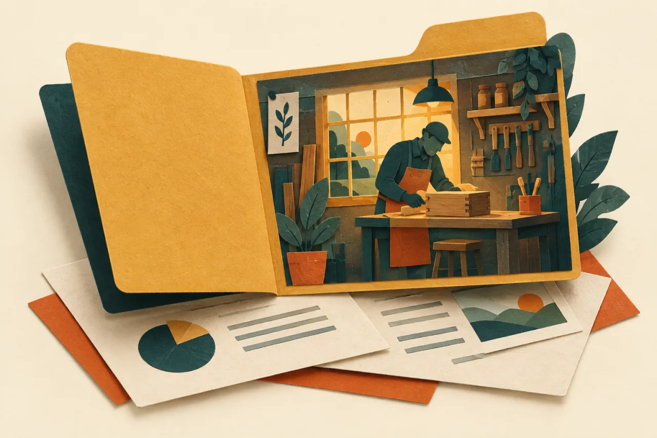 Paper illustration of a workshop and craftsperson emerging from a folder of supporting information.