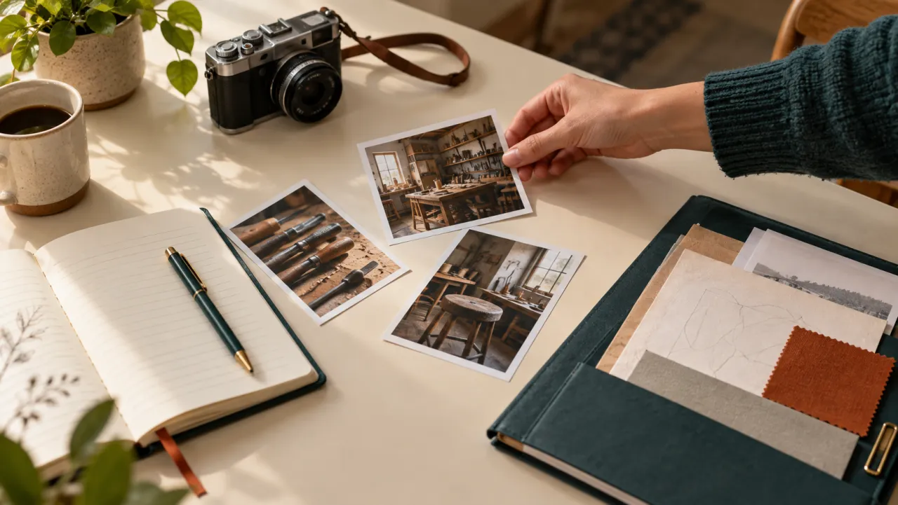 Workshop photographs, a camera, and a notebook arranged alongside supporting information.