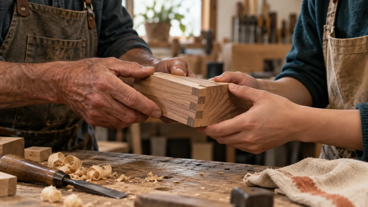 Two people examine the detail of a wooden joint at a workbench.
