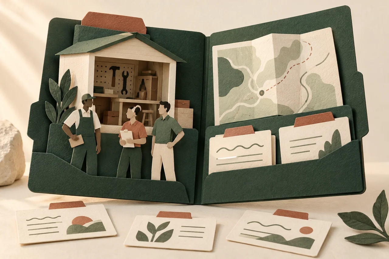Paper workshop, people, map and evidence cards arranged inside an information folder.