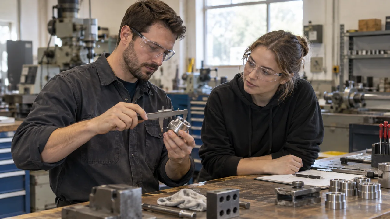 A technician examines a machined part with a caliper while a colleague observes.