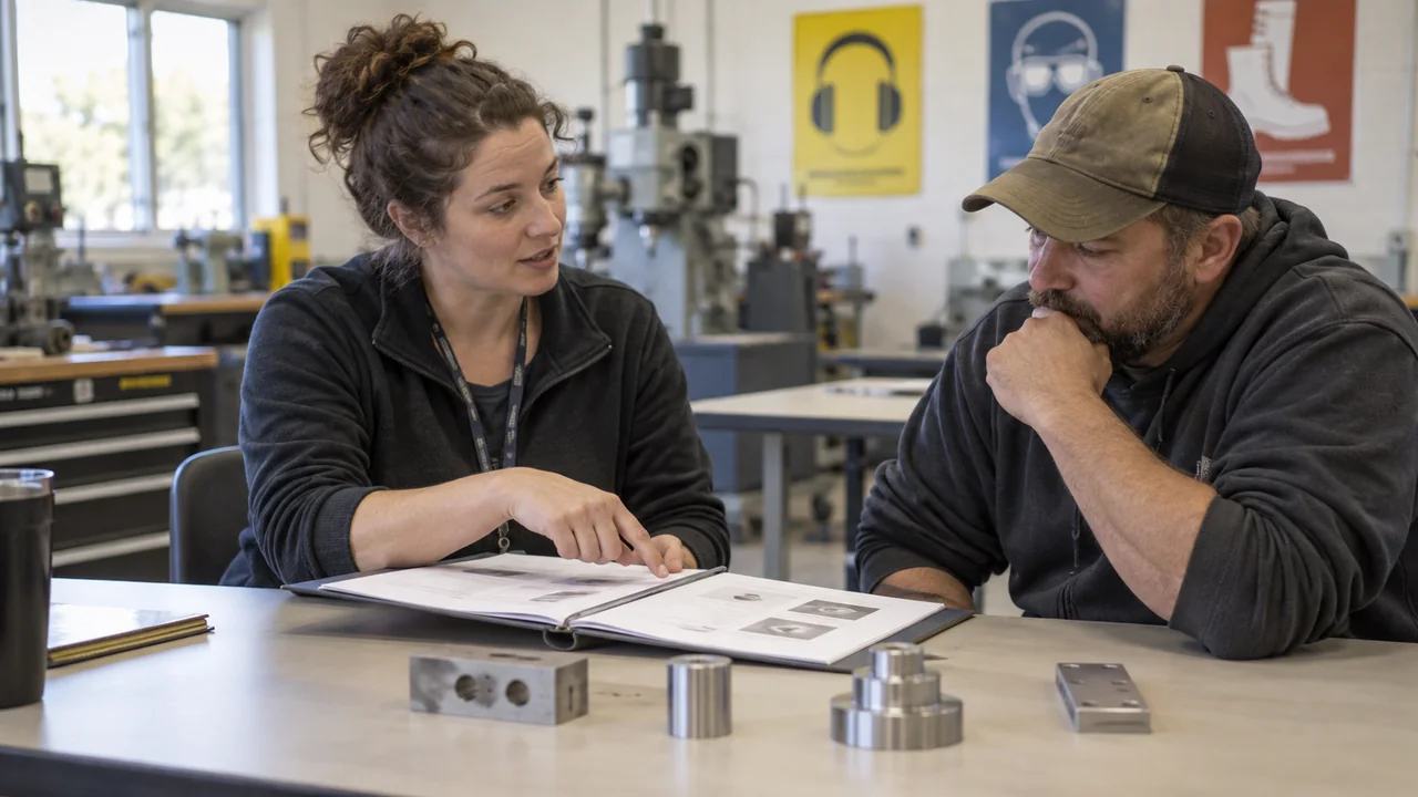 Two people discuss a lesson folder and sample parts in a technical classroom.